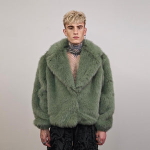 Green faux fur coat shaggy cropped trench short going out jacket fuzzy grunge detachable sleeves handmade luxury festival overcoat fleece