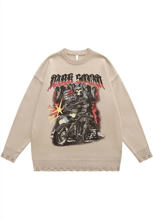 Motorcycle sweater biker print knit distressed jumper grey