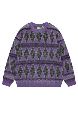 Fluffy geometric sweater diamond pattern hairy mohair jumper