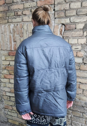 Faux leather quilted bomber PU padded puffer jacket in blue