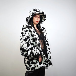 Cow fleece jacket white hooded animal print bomber festival coat furry overcoat spot print pullover Dalmatian jumper psychedelic rave top