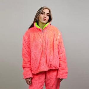 Neon green fleece joggers rave pants fluorescent trousers carnival tracksuit party overalls fluffy jumpsuit fuzzy burning man festival set