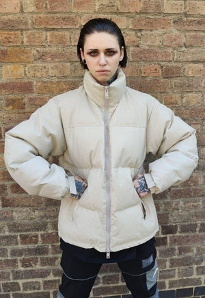Faux leather quilted bomber rubber feel padded jacket cream
