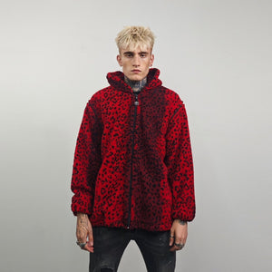 Animal print hooded jacket red leopard fleece bomber padded cheetah pullover detachable sleeves handmade top spot pattern festival overcoat