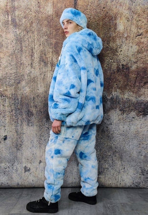 Tie-dye faux fur joggers fleece pants 2 in 1 trouser shorts