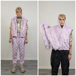 Cropped going out coat purple gold glitter jacket shiny embellished fleece bomber detachable sleeves handmade party trench festival set