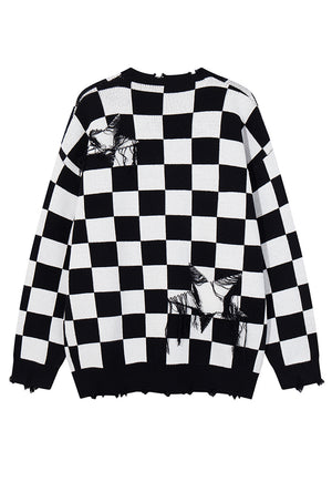 SKA check sweater plaid pattern knit top patchwork jumper