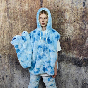 Blue tie-dye fleece joggers fluffy trousers luxury gradient pants handmade party fuzzy hotpants grunge festival set raver tracksuit