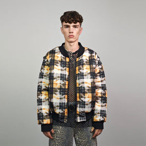 Tie-dye check bomber yellow tartan jacket raver reversible college varsity detachable sleeves handmade plaid puffer grunge punk rocker coat