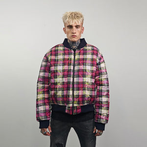Plaid check bomber thunder print jacket reversible college varsity detachable sleeves e-boy vest handmade grunge rocker coat