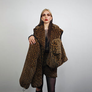 Arabic pattern short coat brown black fleece trench geometric print jacket detachable sleeves handmade zigzag party overcoat festival set