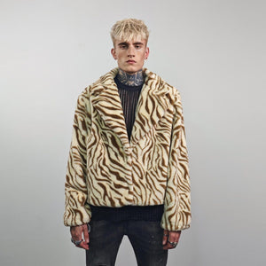 Cropped tiger coat brown short animal print jacket striped trench fauxfur detachable sleeves handmade zebra pattern festival overcoat fleece