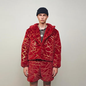 Cropped going out coat red gold glitter trench shiny embellished fleece jacket detachable sleeves handmade party overcoat festival set