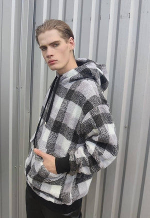 Tartan fleece hoodie fluffy check pullover in grey SKA print