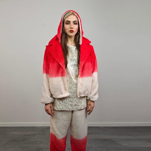 Cropped hooded fleece coat red gradient short rave jacket sports set burning man outfit detachable sleeves festival overcoat carnival trench