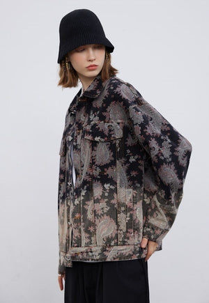 Paisley denim jacket tie-dye Floral jean blazer in brown