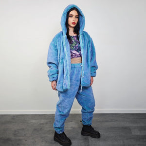 Chameleon faux fur jacket blue luminous fleece color changing bomber psychedelic pullover detachable sleeves handmade rave festival overcoat