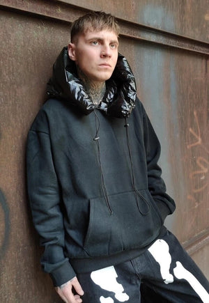 Technical padded hoodie velvet look rave hooded jumper black