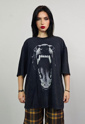 Angry dog t-shirt fang print tee retro punk top vintage grey