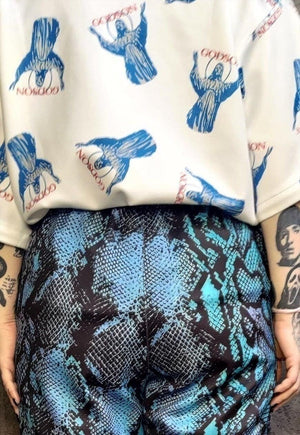 Snake print shorts handmade python overalls in tie-dye blue