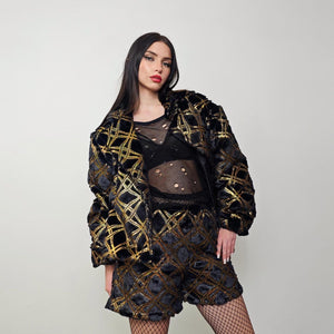 Glitter shorts black gold going out shiny embellished cropped trousers detachable handmade short festival trousers luminous hotpants