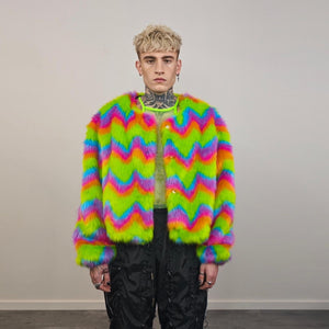Rainbow faux fur coat short striped collarless jacket unicorn trench fluffy detachable sleeves handmade festival overcoat burning man fleece