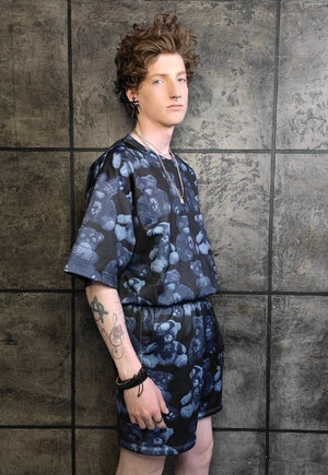 Goth bear print shorts handmade animal overalls blue black