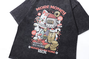 Maneki neko t-shirt money manifestation tee Y2k cat cartoon top in vintage grey