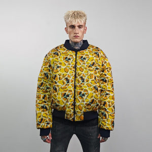 Animal print bomber yellow giraffe jacket reversible college varsity detachable sleeves handmade grunge raver coat festival puffer