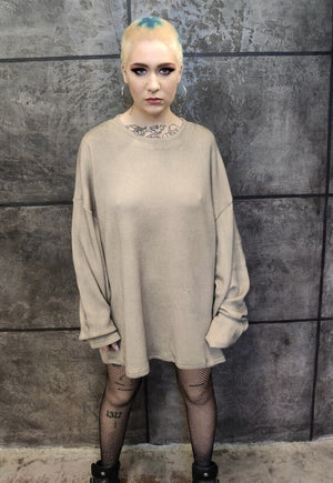 Dirty oil wash thin sweatshirt distressed long jumper cream