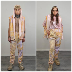 Mermaid joggers orange pink tie-dye fleece pants faux fur rainbow trousers retro geometric overalls fluffy bottoms festival set rave outfit