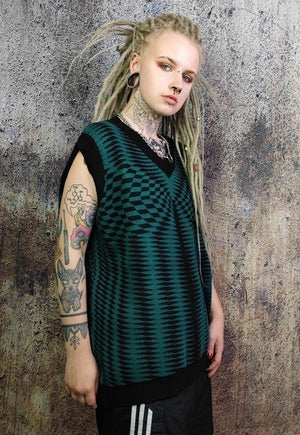 Check print sleeveless sweater chess board pattern top green