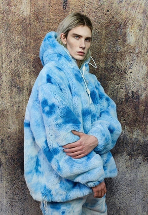 Tie-dye fleece jacket detachable faux fur fest bomber blue