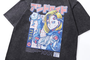 Anime girl t-shirt android cartoon tee Japanese top in vintage grey
