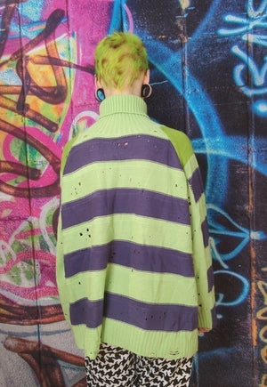 Ripped stripe sweater Zigzag jumper in acid green and purple