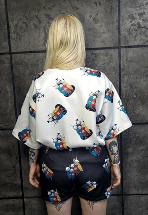 Retro shorts handmade alien cartoon overalls in black