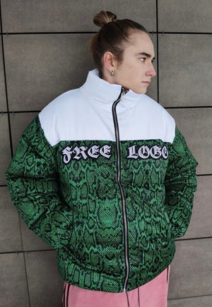 Snake print bomber python puffer jacket in green white