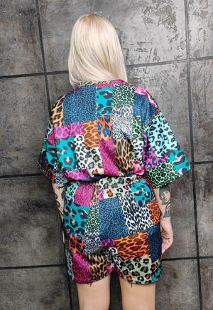 Leopard shorts handmade animal print overalls in blue brown
