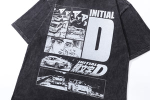 Black white anime t-shirt racing cartoon tee Japanese top in vintage grey