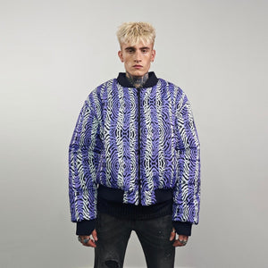 Zebra jacket blue white animal print bomber reversible striped college varsity detachable sleeves handmade rave puffer grunge festival coat