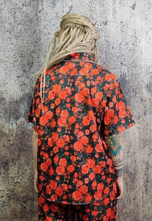 Rose shirt floral print short sleeve top in red black