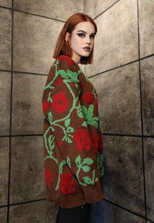 Floral applique sweater rose patch jumper flower top brown