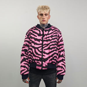 Tiger bomber pink animal print jacket raver reversible college varsity detachable sleeves handmade zebra puffer grunge festival stripe coat