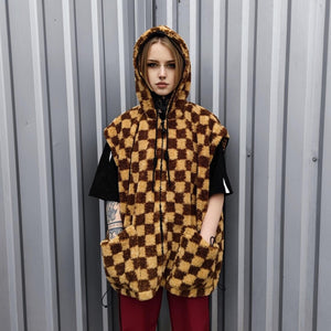 Checked fleece joggers brown Fluffy plaid trousers luxury SKA check pants handmade party hotpants geometric festival set raver tracksuit
