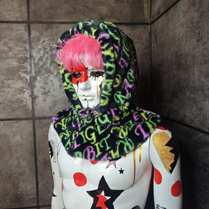 Faux fur hood rainbow snood handmade hooded hat unicorn pattern all over fluffy LGBT fleece scarf unisex bucket grunge gay print headwear