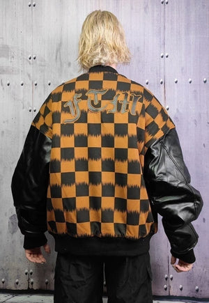 Drop shoulder varsity jacket faux leather check jacket brown
