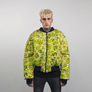 Neon leopard bomber animal print jacket fluorescent reversible college varsity detachable sleeves handmade rave puffer cyber festival coat