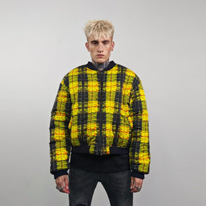 Flame bomber check yellow jacket thunder print reversible college varsity detachable sleeves handmade clueless plaid puffer grunge rock coat