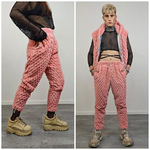 Pink fleece joggers fluffy pants cozy festival trousers retro geometric overalls raver outfit fuzzy jumpsuit burning man set