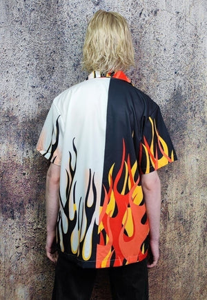 Racer shirt flame print short sleeve top in white red